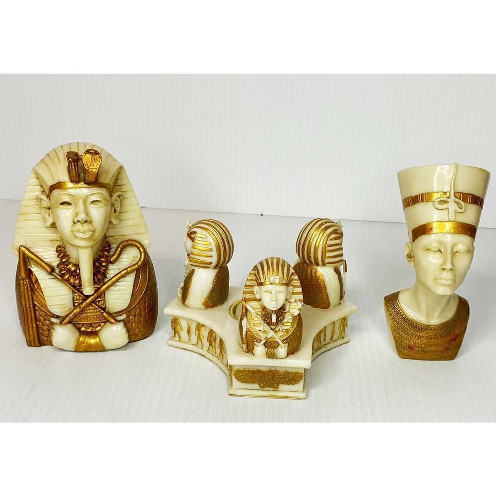 Polyresin Egyptian King Tut Nefertiti Pharaoh Candle Holder Set